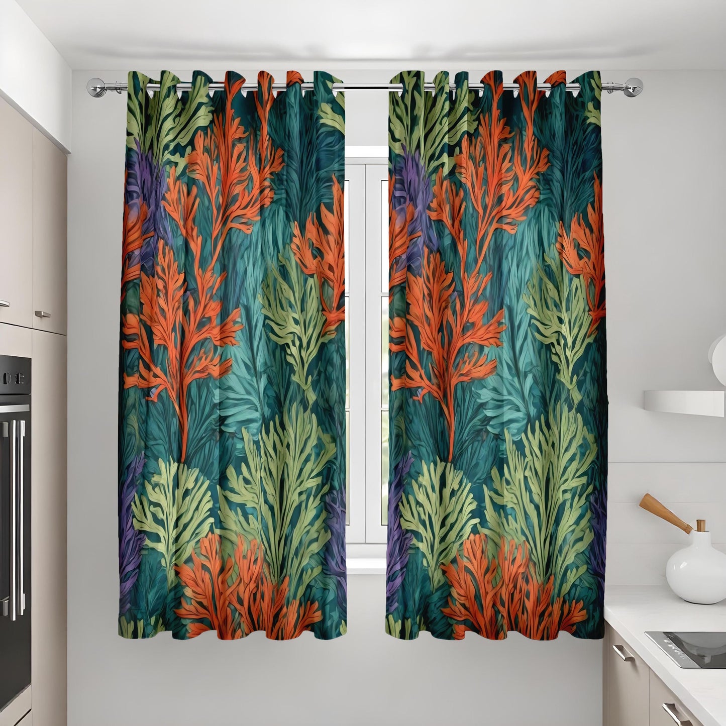 Tropical Leaves & Coral Pattern Curtains, Bold Botanical Drapes