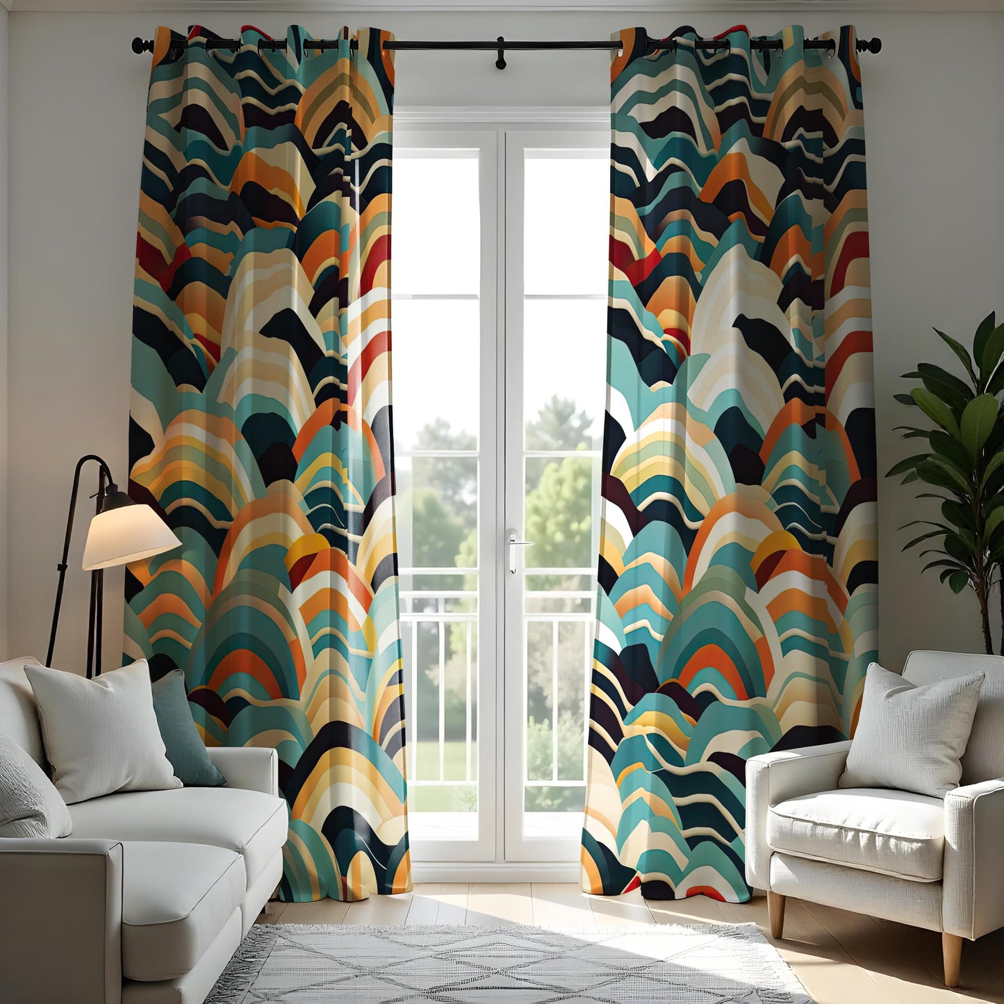 Abstract Wave Pattern Curtains, Bold Colorful Drapes in Blue