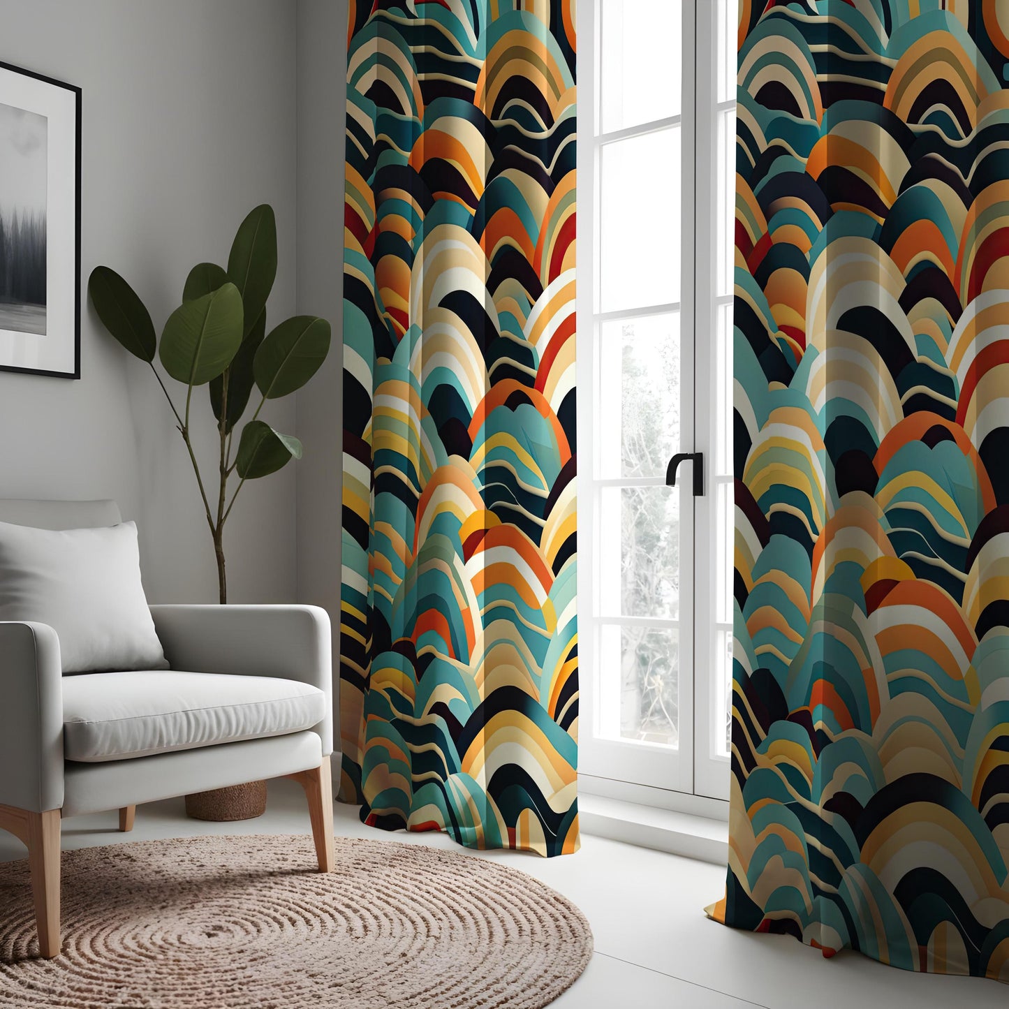 Abstract Wave Pattern Curtains, Bold Colorful Drapes in Blue