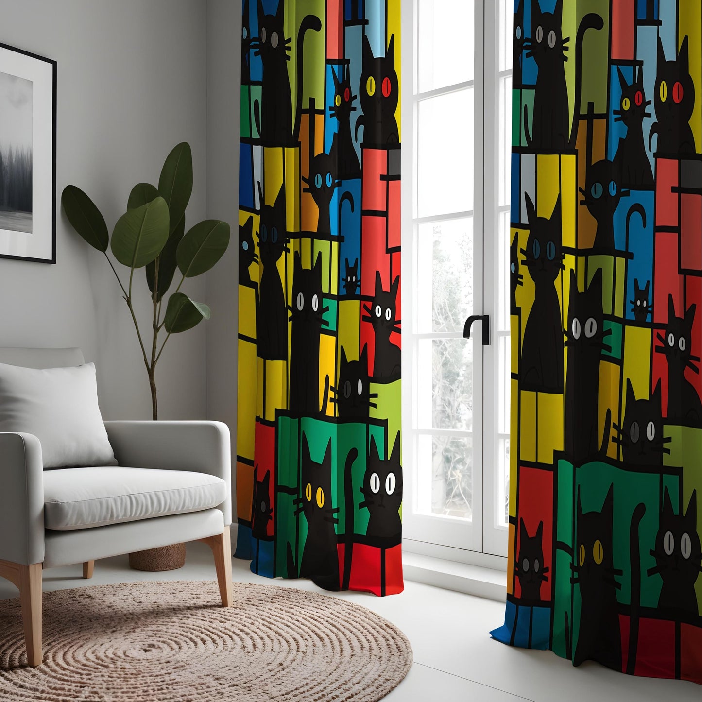 Colorful Cat Pattern Curtain, Bold Black Cats Drape