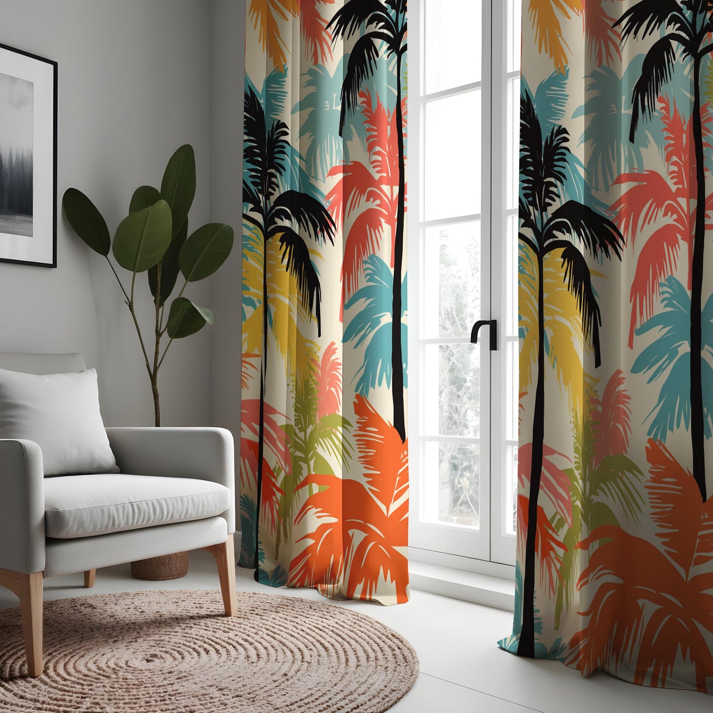 Tropical Palm Tree Curtains, Vibrant Beach Vibe Print Drape