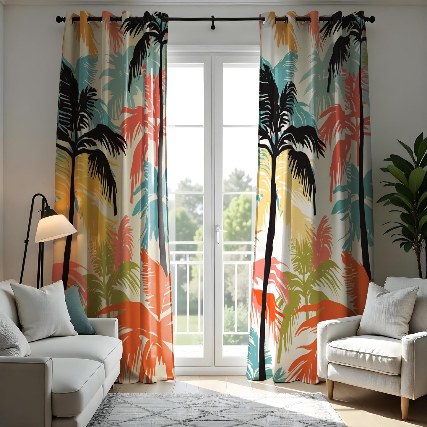 Tropical Palm Tree Curtains, Vibrant Beach Vibe Print Drape