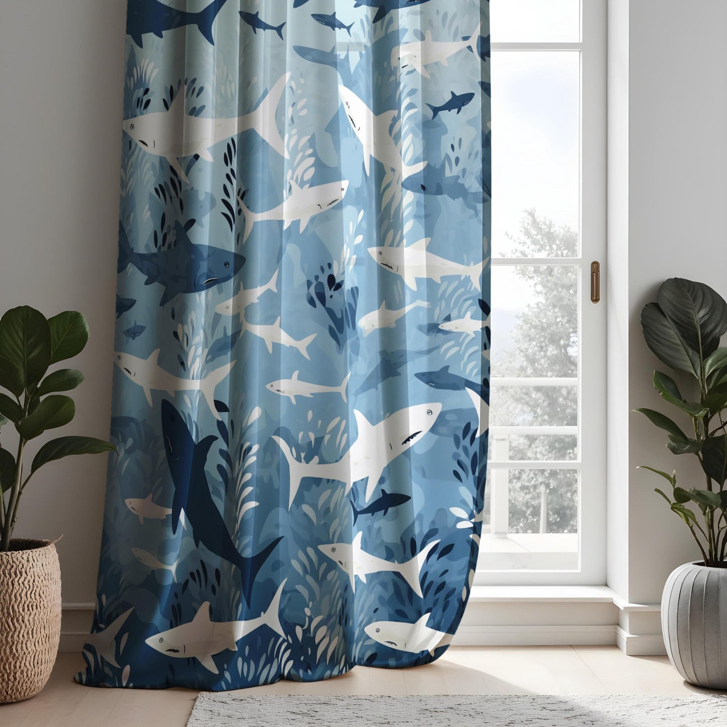 Shark Pattern Curtain, Ocean Inspired Home Decor, Blue & White Sea