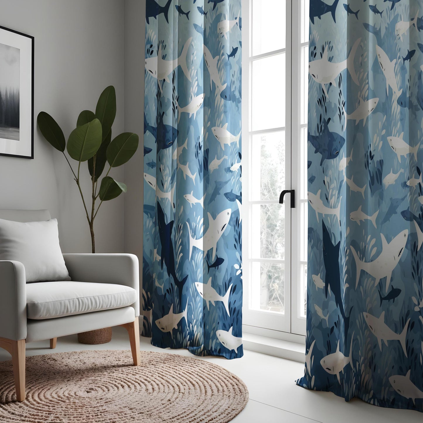 Shark Pattern Curtain, Ocean Inspired Home Decor, Blue & White Sea