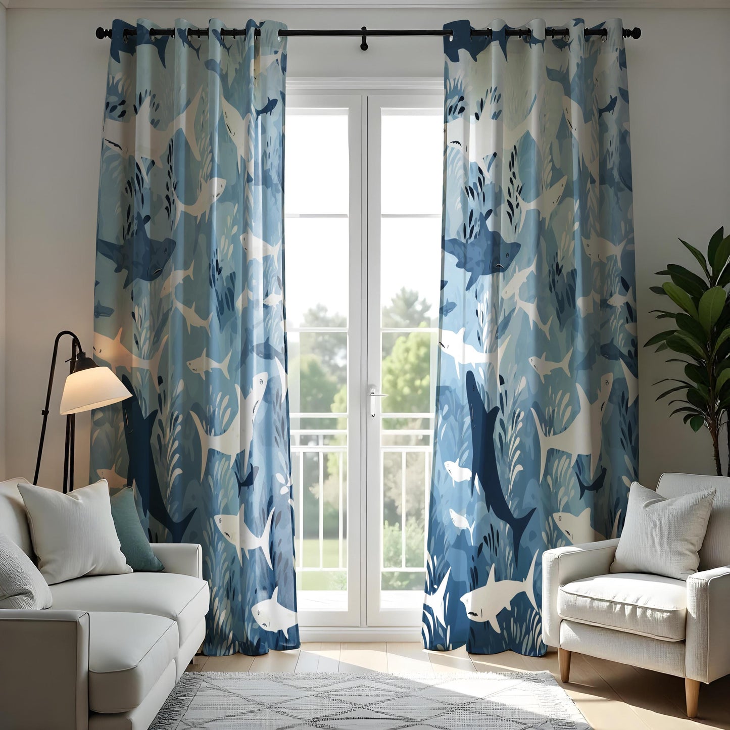 Shark Pattern Curtain, Ocean Inspired Home Decor, Blue & White Sea