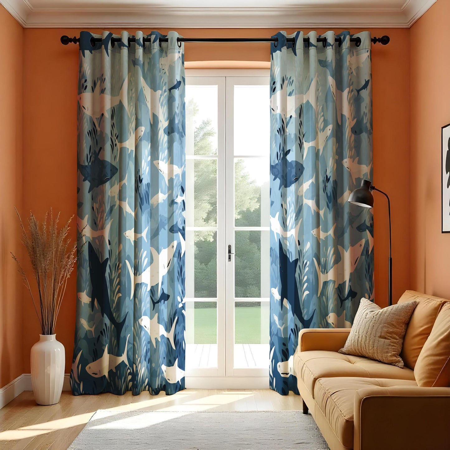 Shark Pattern Curtain, Ocean Inspired Home Decor, Blue & White Sea