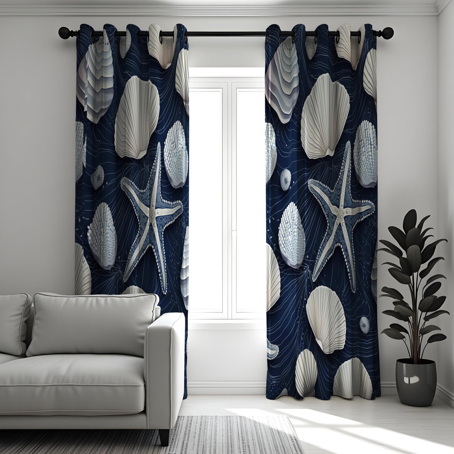Coastal Shell & Starfish Curtain, Navy Blue Ocean Drapes with Seashell
