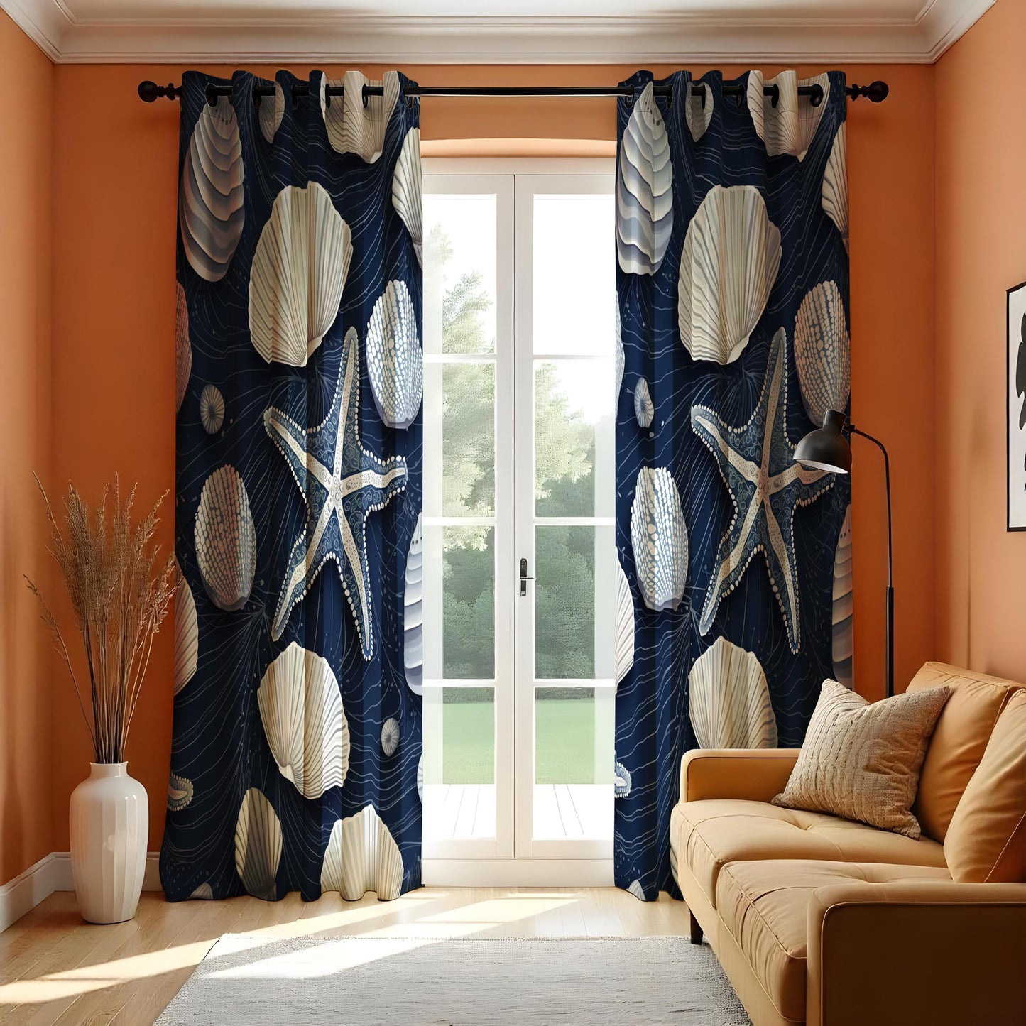 Coastal Shell & Starfish Curtain, Navy Blue Ocean Drapes with Seashell