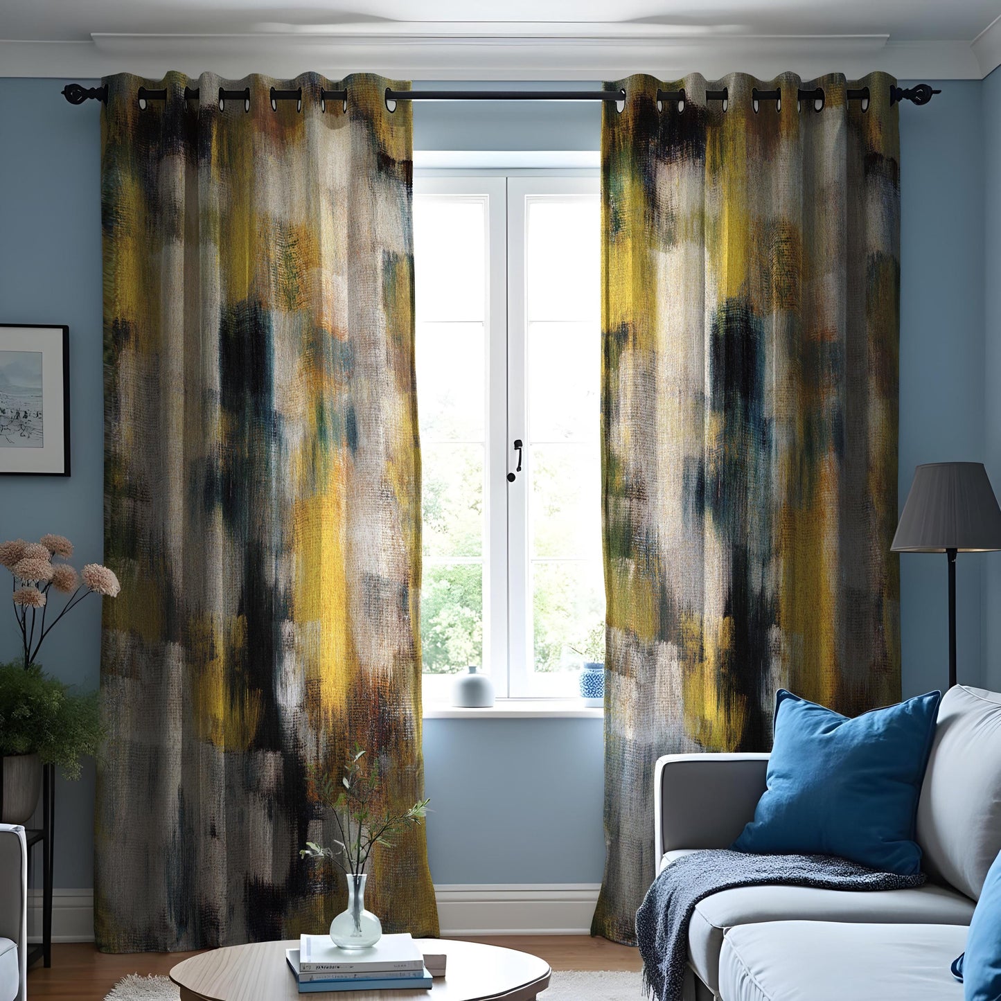 Abstract Art Curtains, Modern Geometric Brush Stroke Window Drapes
