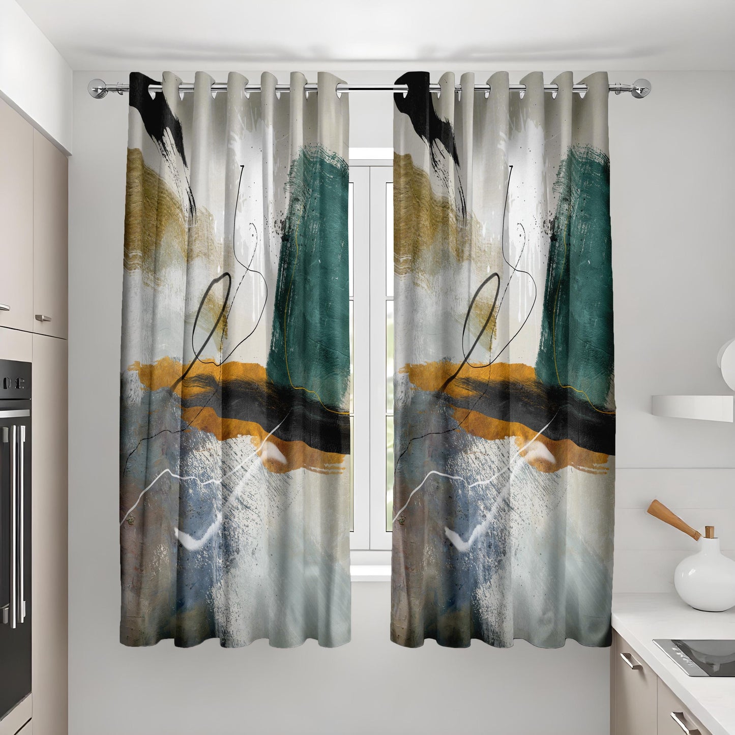 Abstract Art Curtains, Geometric Modern Drapes in Teal and Mustard