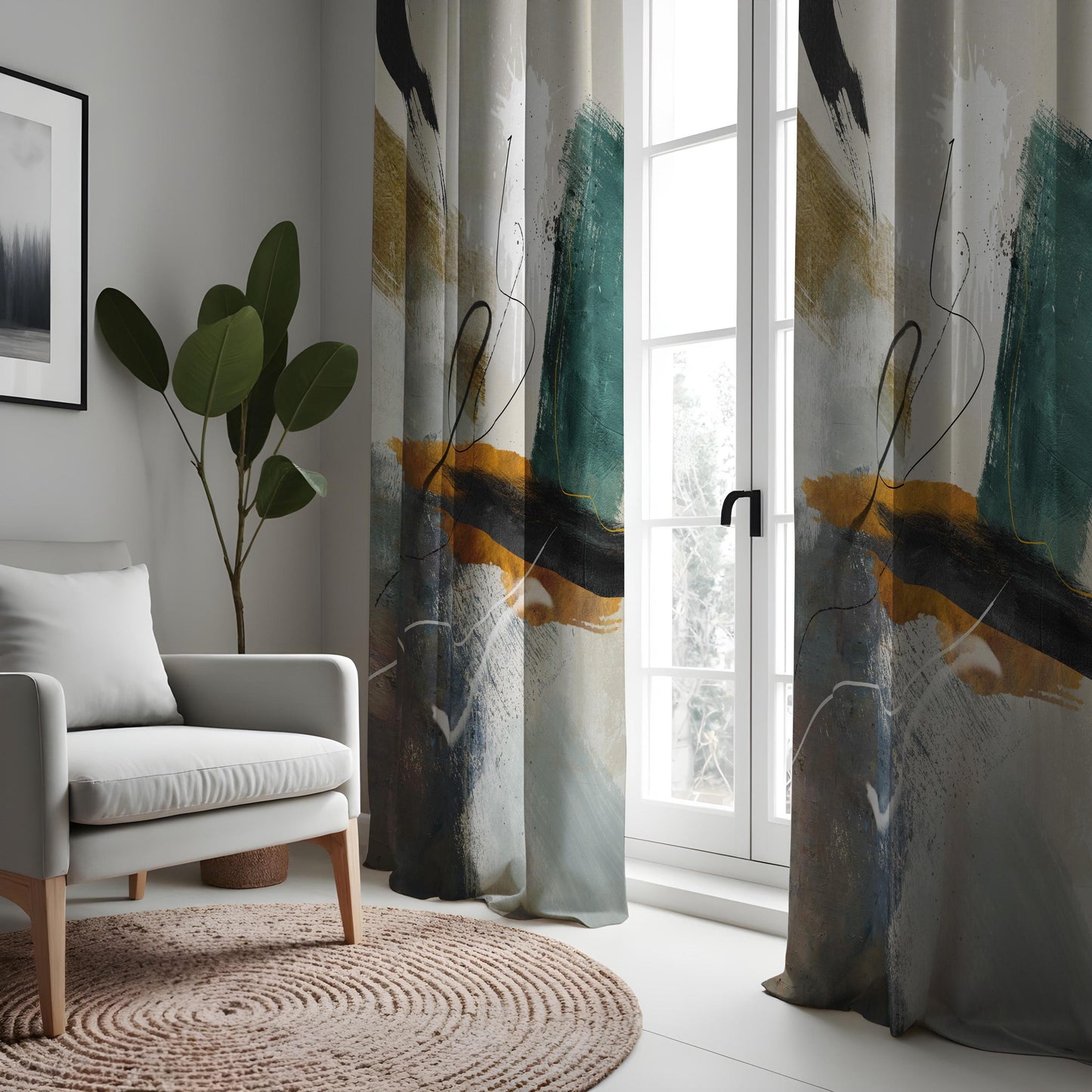 Abstract Art Curtains, Geometric Modern Drapes in Teal and Mustard