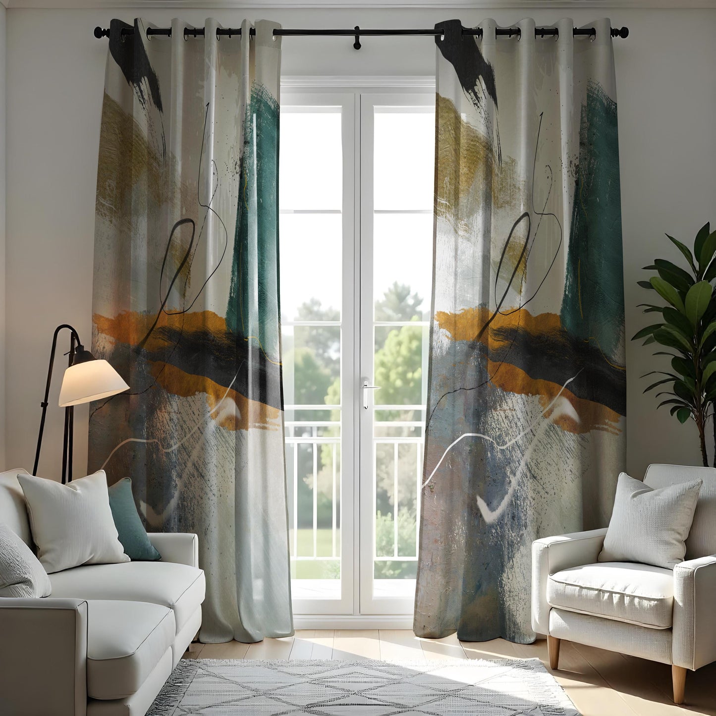 Abstract Art Curtains, Geometric Modern Drapes in Teal and Mustard