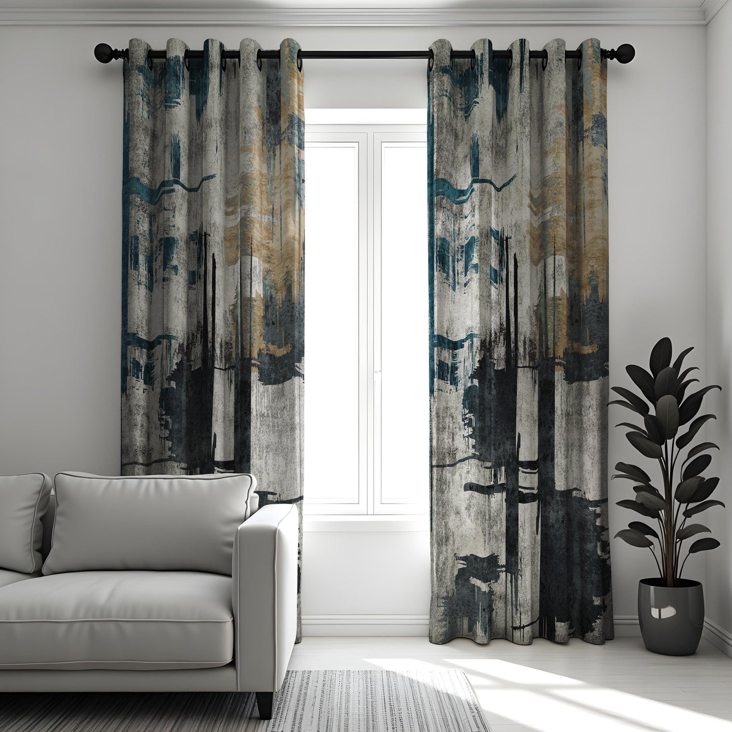 Abstract Art Curtains, Modern Grey & Blue Geometric Drapes