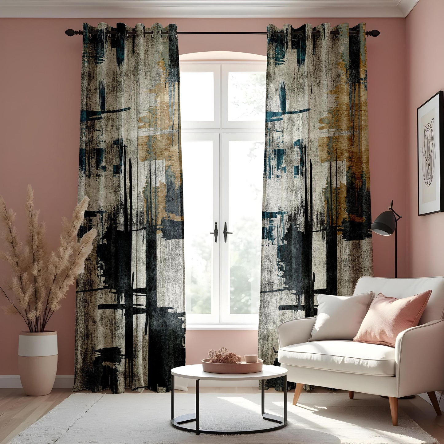 Abstract Art Curtains, Modern Grey & Blue Geometric Drapes