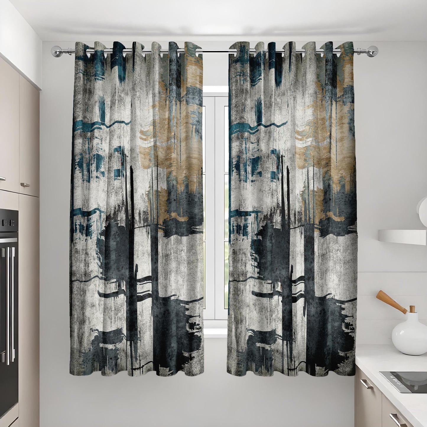 Abstract Art Curtains, Modern Grey & Blue Geometric Drapes