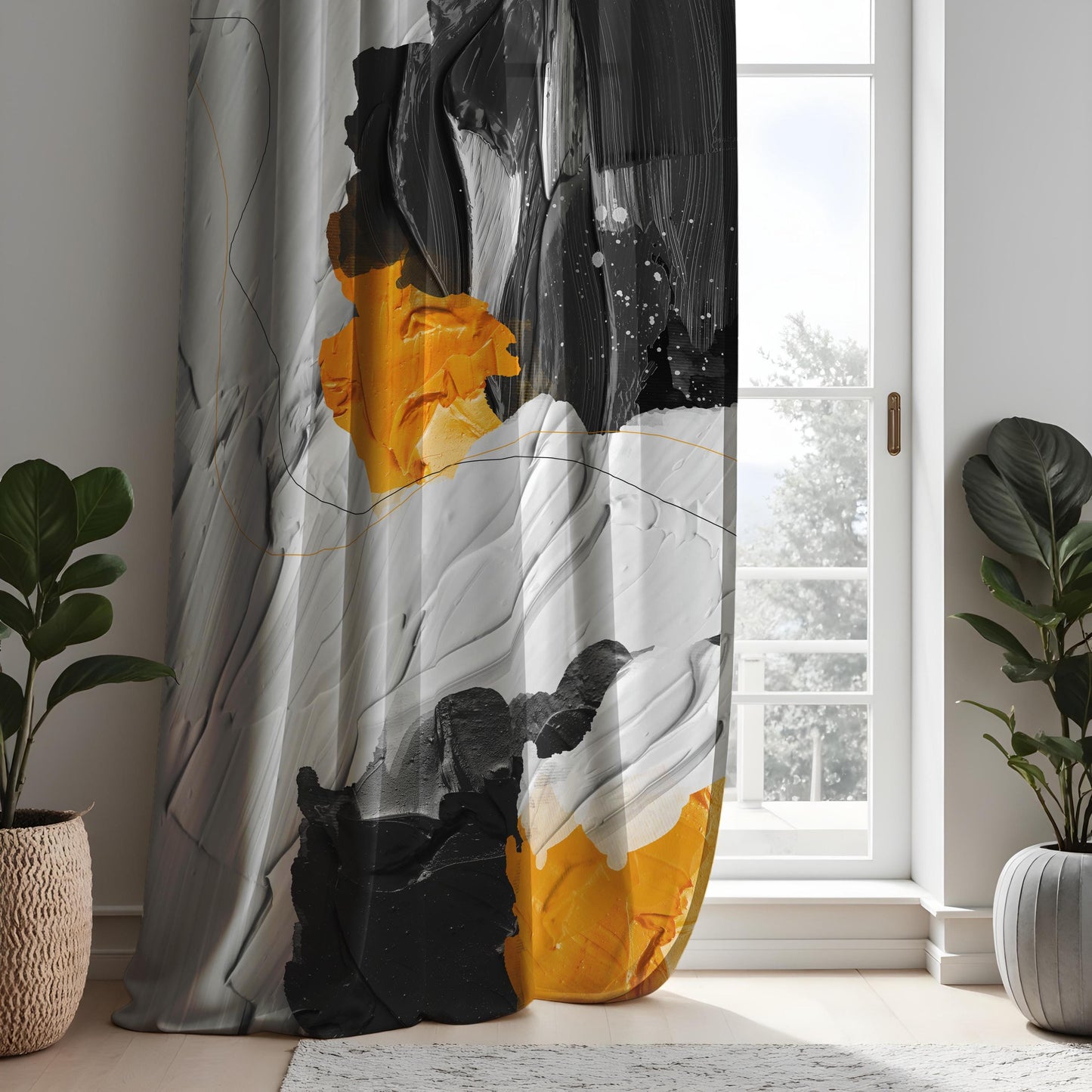 Bold Abstract Art Curtains, Black, Grey & Yellow Painterly Design