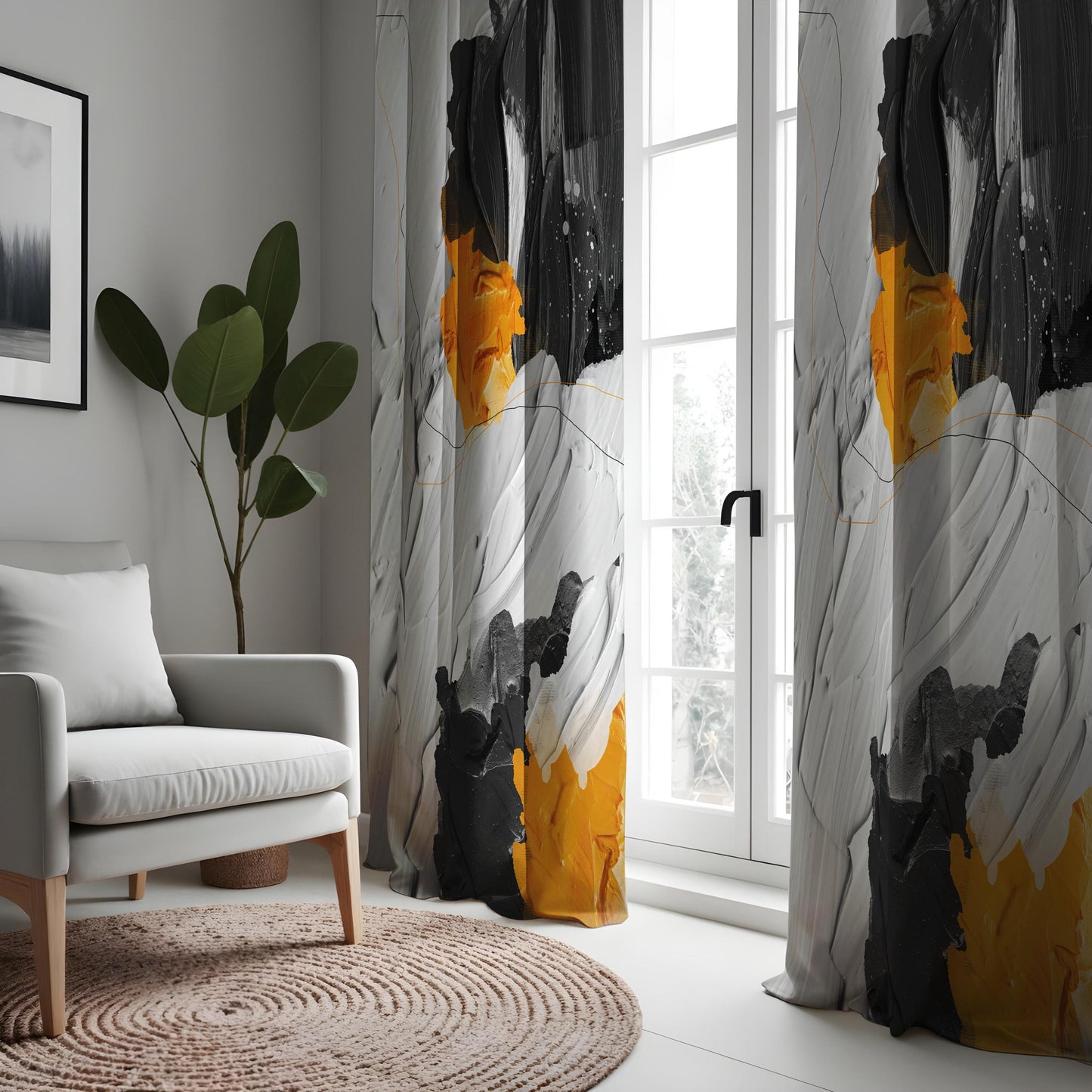 Bold Abstract Art Curtains, Black, Grey & Yellow Painterly Design