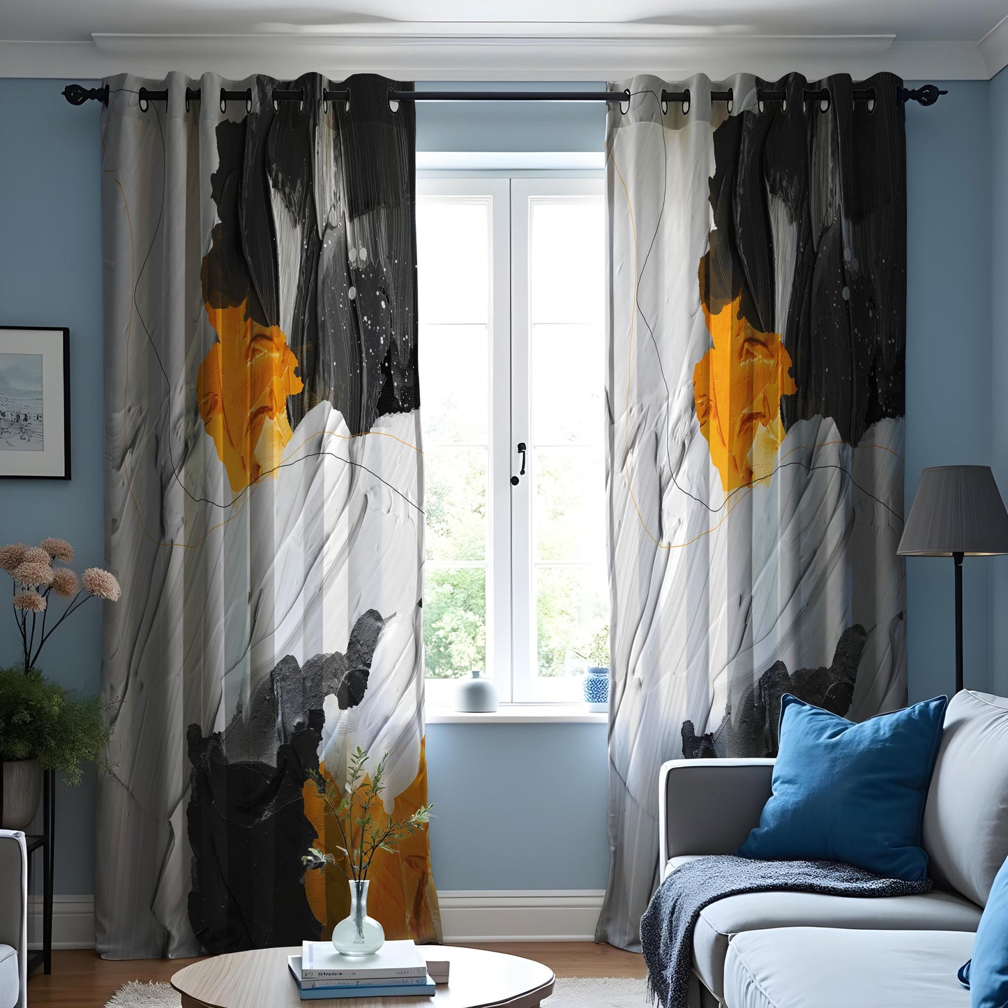 Bold Abstract Art Curtains, Black, Grey & Yellow Painterly Design