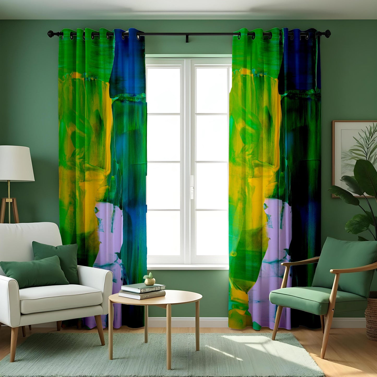 Abstract Green, Yellow & Blue Curtains, Colorful Modern Art Drapes