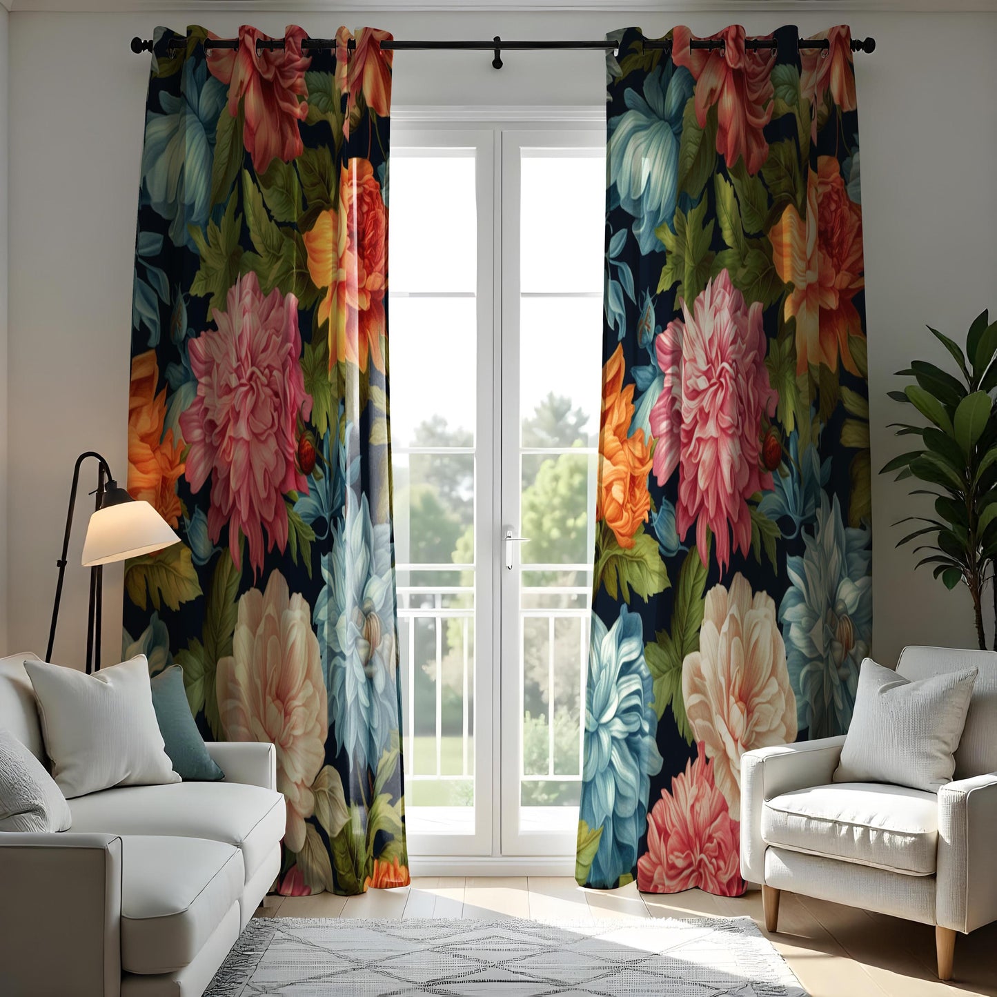 Vibrant Floral Curtains, Large Peony & Rose Drapes, Bold Colors