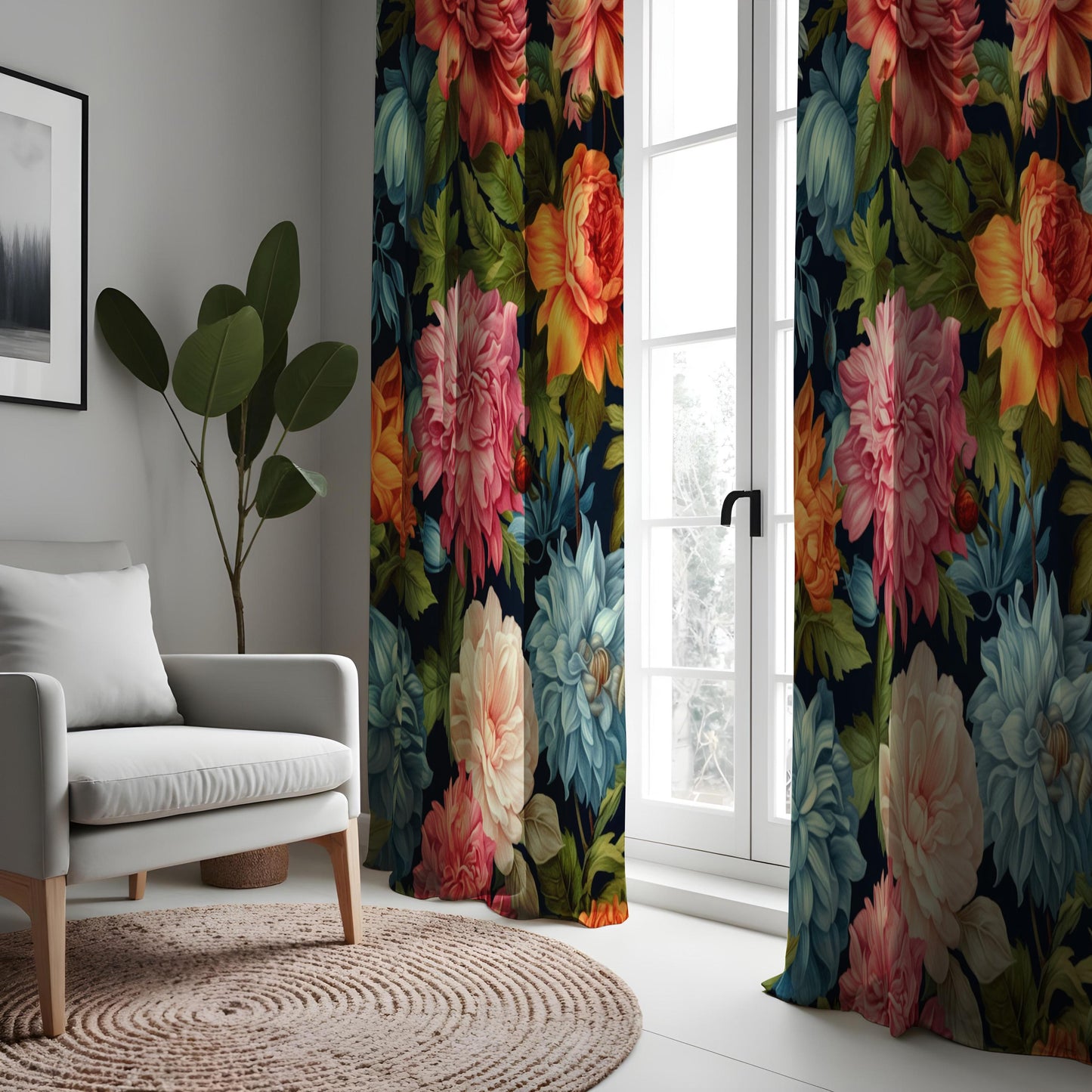 Vibrant Floral Curtains, Large Peony & Rose Drapes, Bold Colors