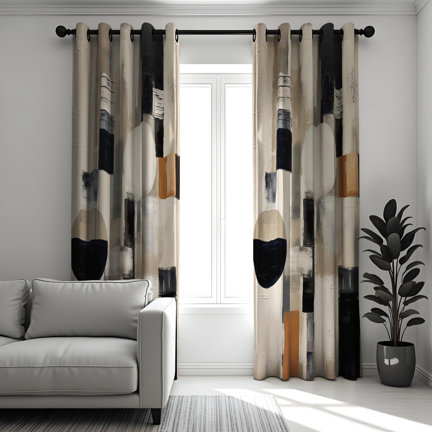 Modern Abstract Curtains, Bold Geometric Shape Drapes, Black & Beige