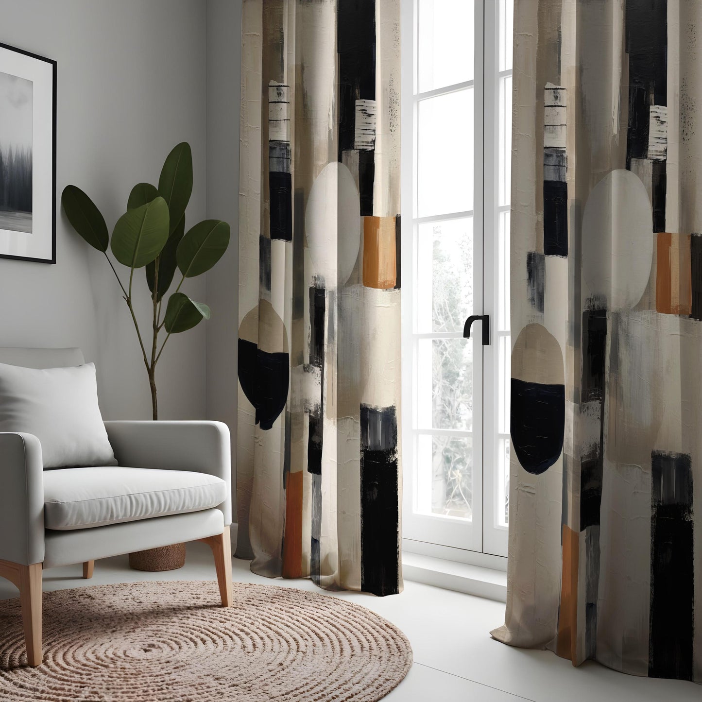 Modern Abstract Curtains, Bold Geometric Shape Drapes, Black & Beige