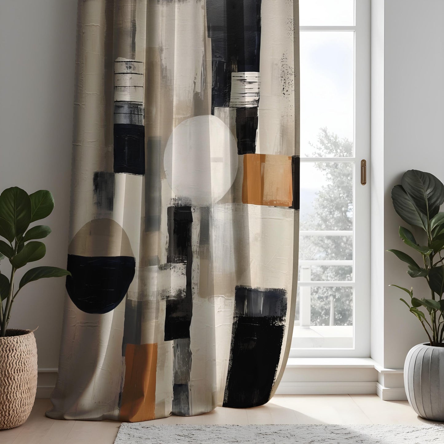 Modern Abstract Curtains, Bold Geometric Shape Drapes, Black & Beige