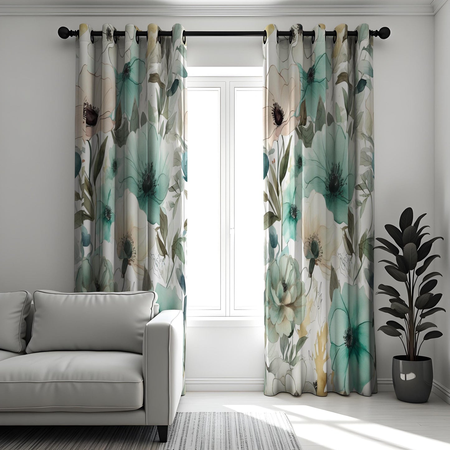 Floral Green and Teal Curtains, Botanical Soft Pastel Window Drapes