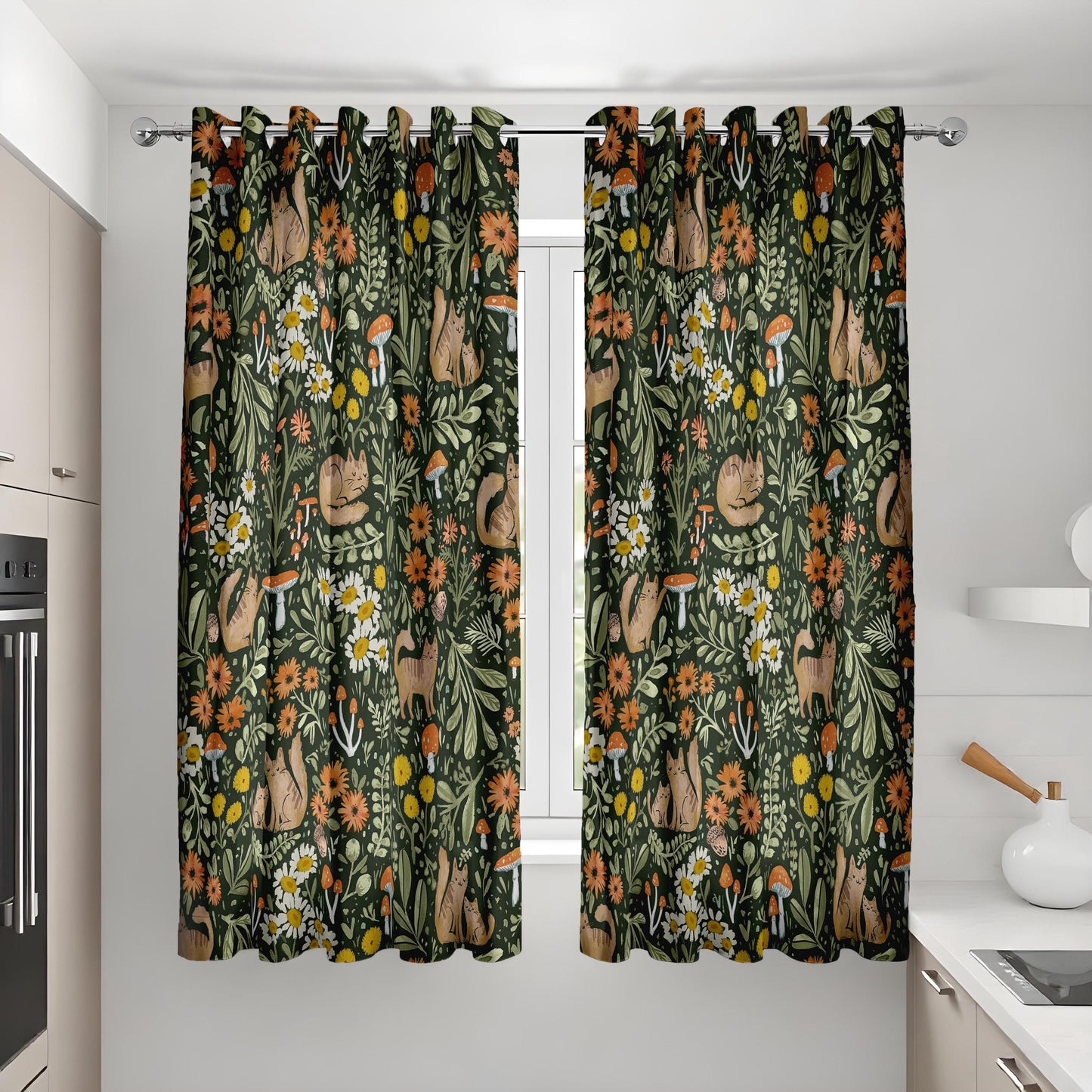 Floral & Fox Print Curtain, Botanical Pattern Window Treatment