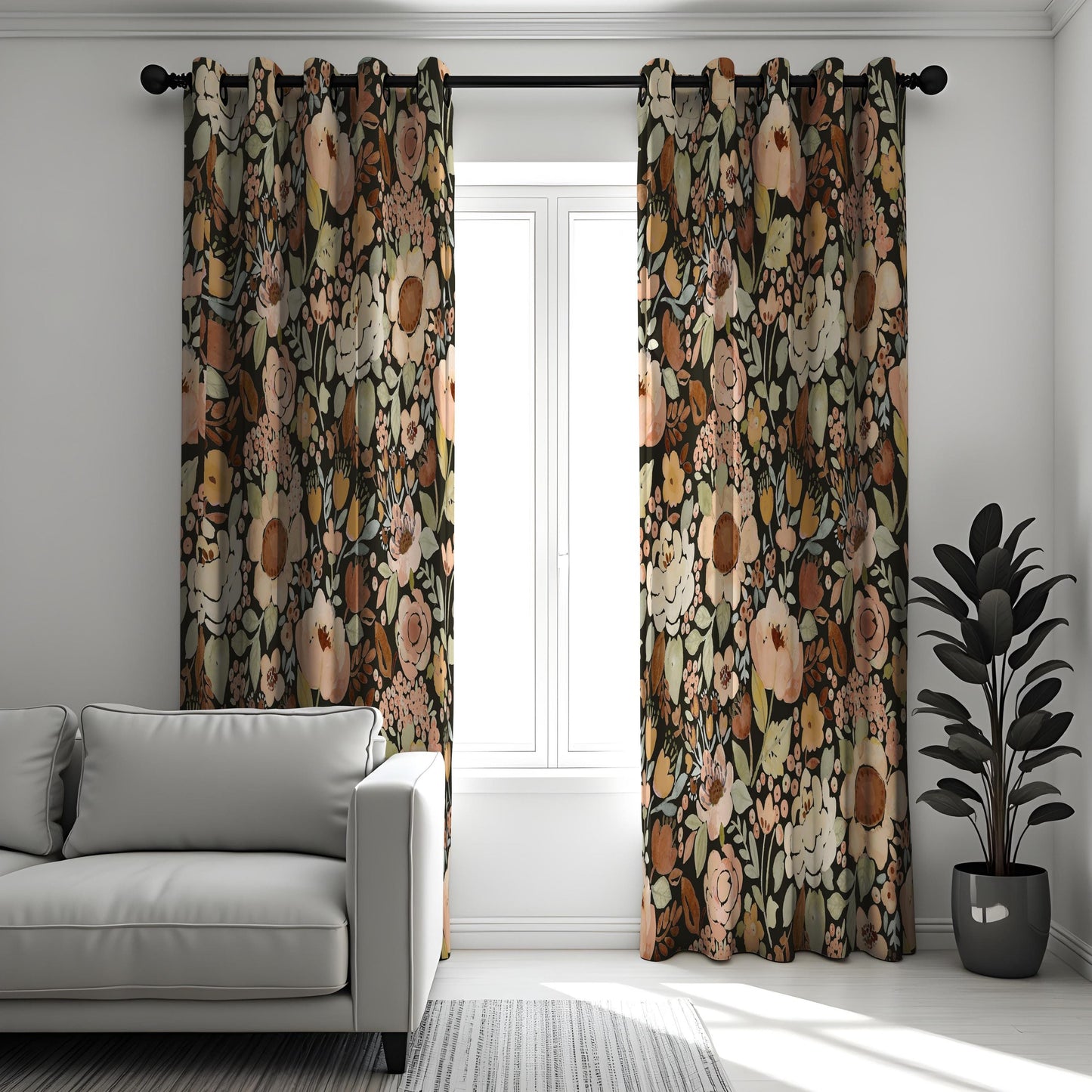 Floral Curtains, Classic Flower Print Drapes, Dark Green & Beige