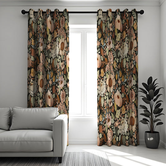 Floral Curtains, Classic Flower Print Drapes, Dark Green & Beige