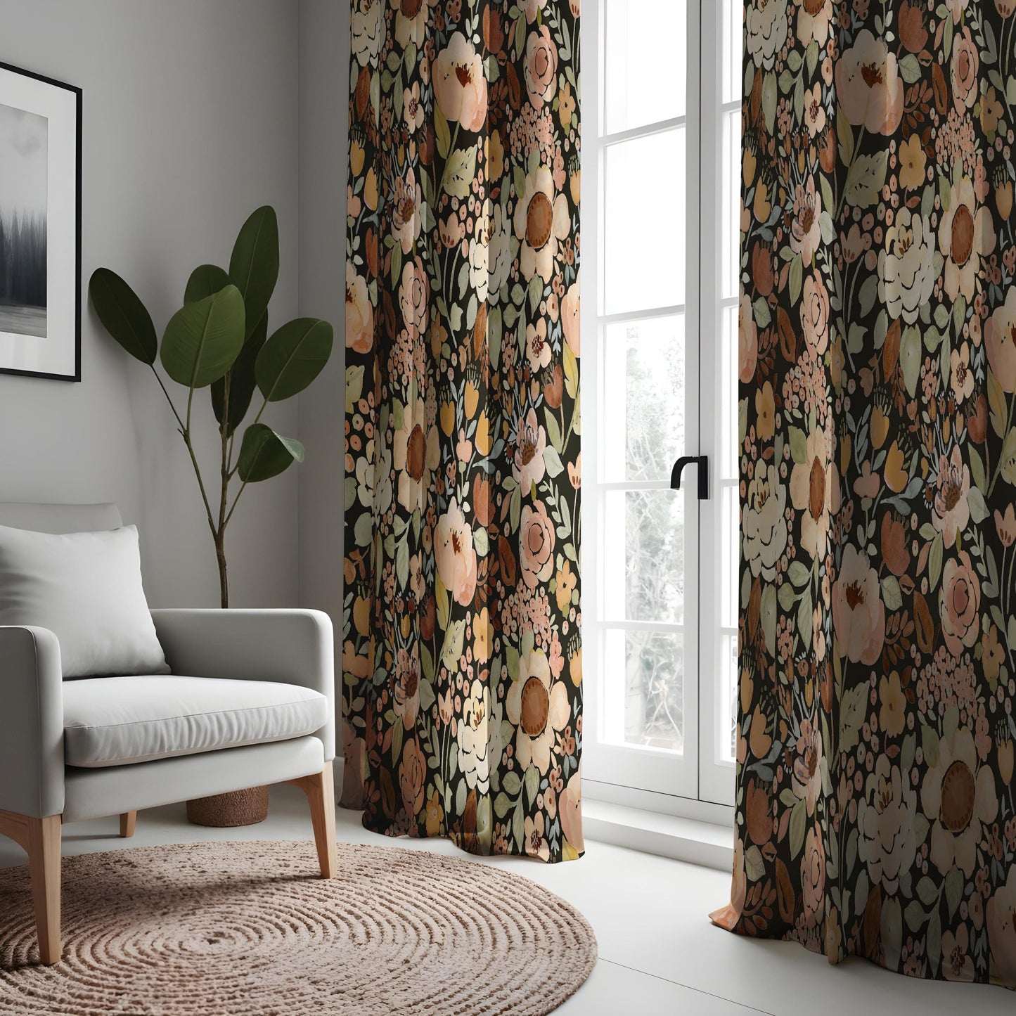 Floral Curtains, Classic Flower Print Drapes, Dark Green & Beige