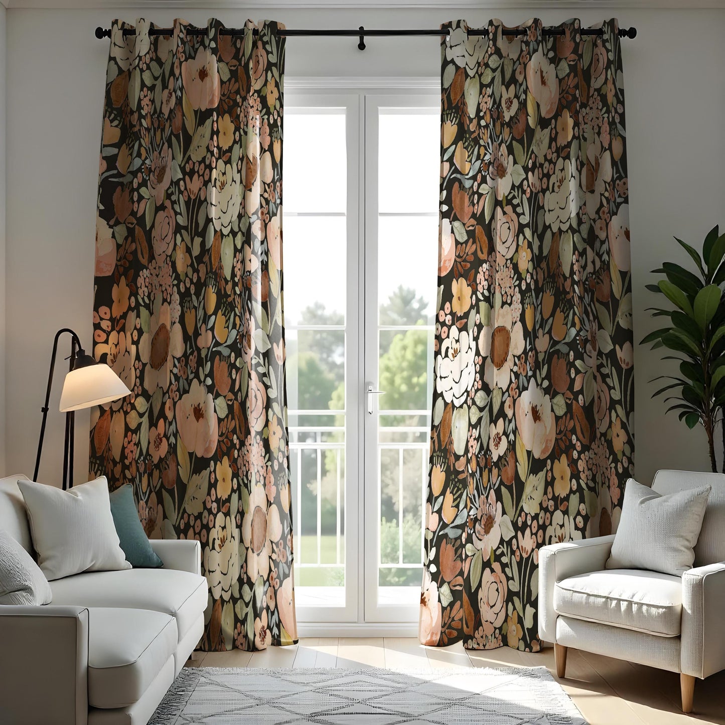 Floral Curtains, Classic Flower Print Drapes, Dark Green & Beige