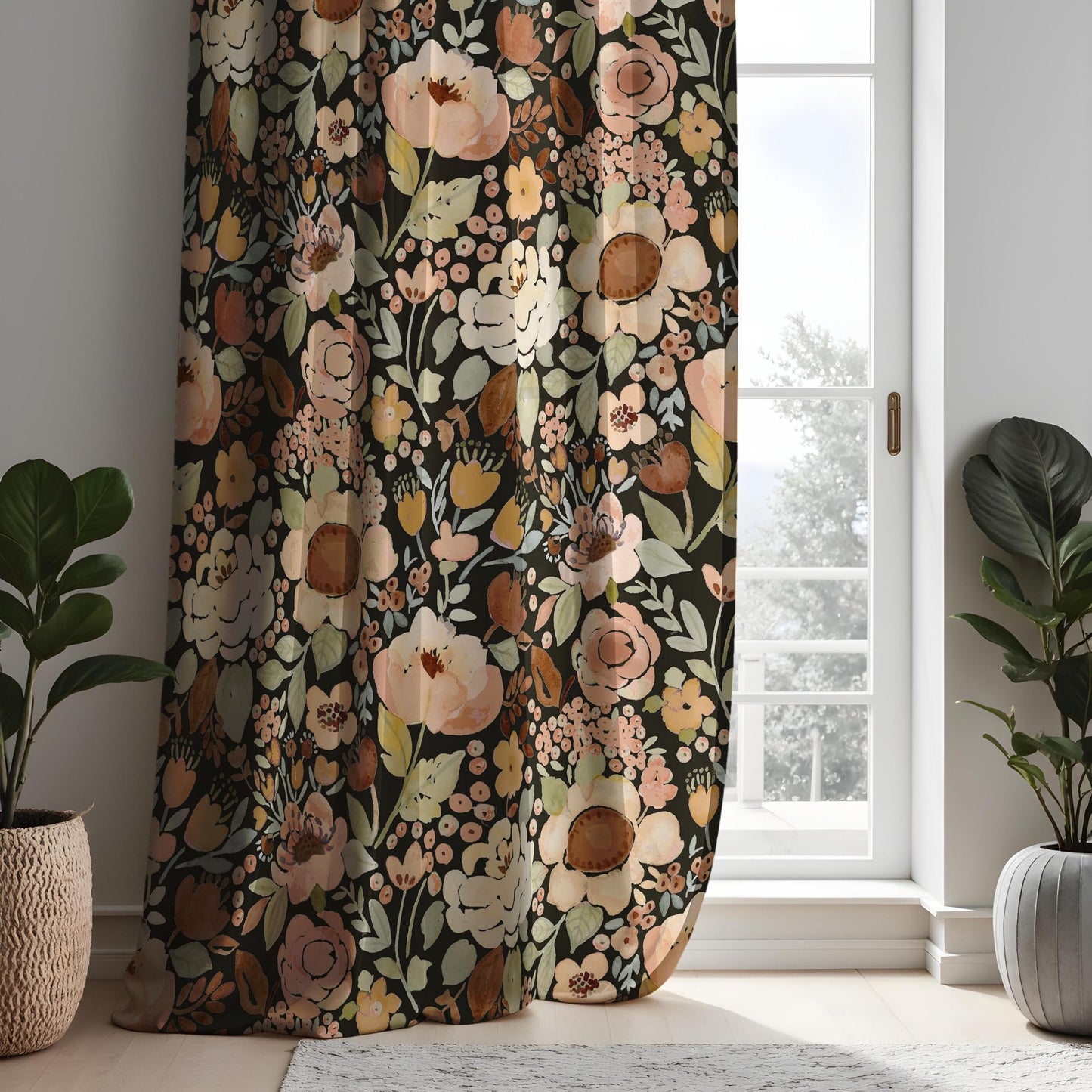 Floral Curtains, Classic Flower Print Drapes, Dark Green & Beige