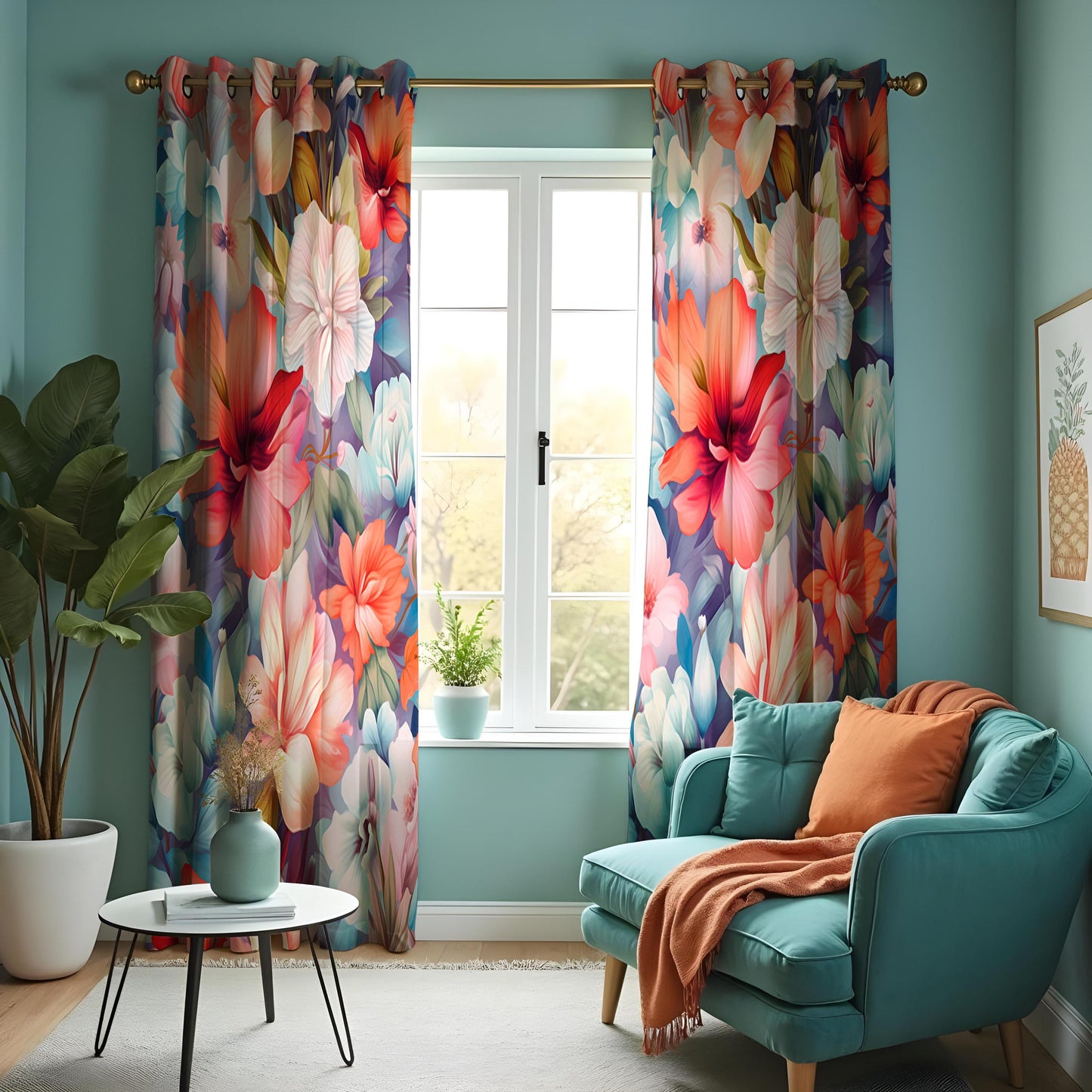Vibrant Floral Curtains, Multicolored Large Blossom Drapes