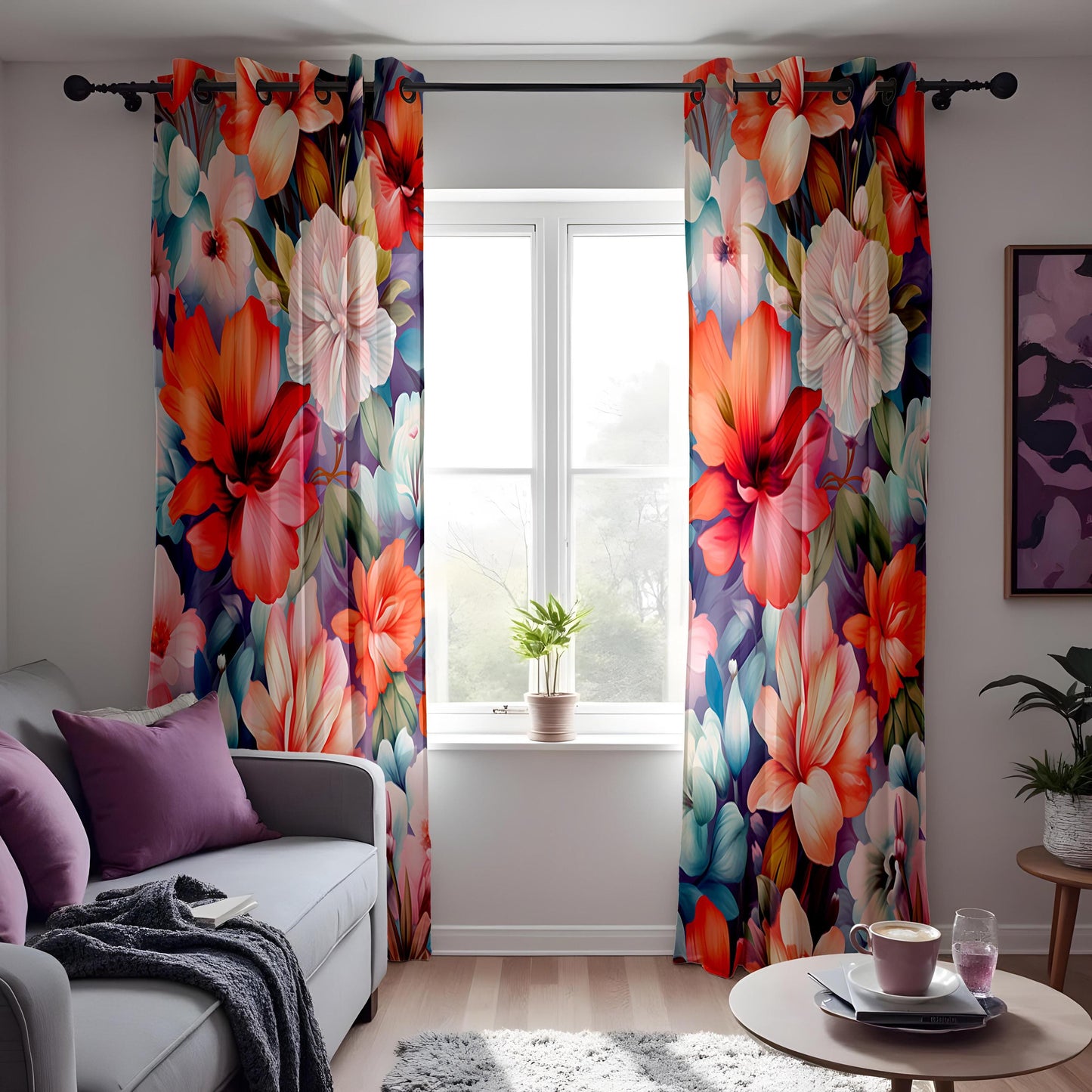 Vibrant Floral Curtains, Multicolored Large Blossom Drapes