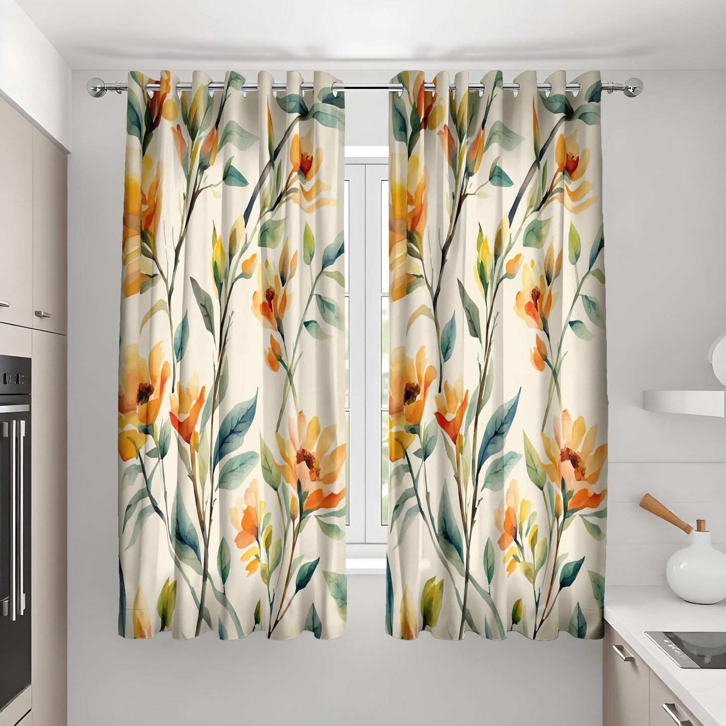 Bright Floral Watercolor Curtain, Yellow&Orange Flowers with Green Leaves Drape