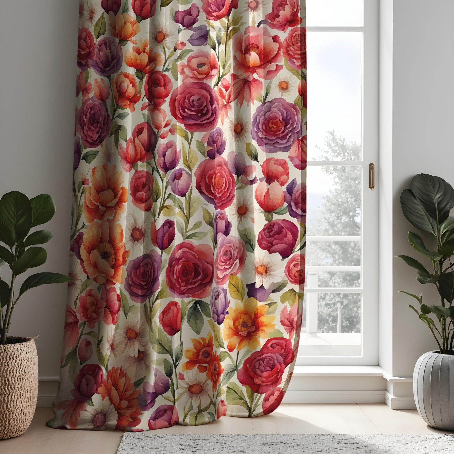 Vibrant Floral Watercolor Curtain Panels, Green Leaves Drape