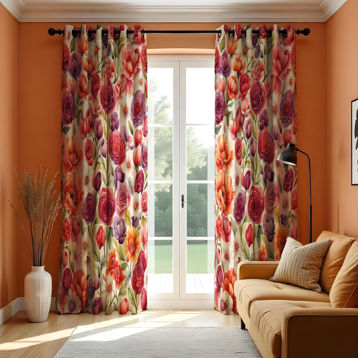 Vibrant Floral Watercolor Curtain Panels, Green Leaves Drape