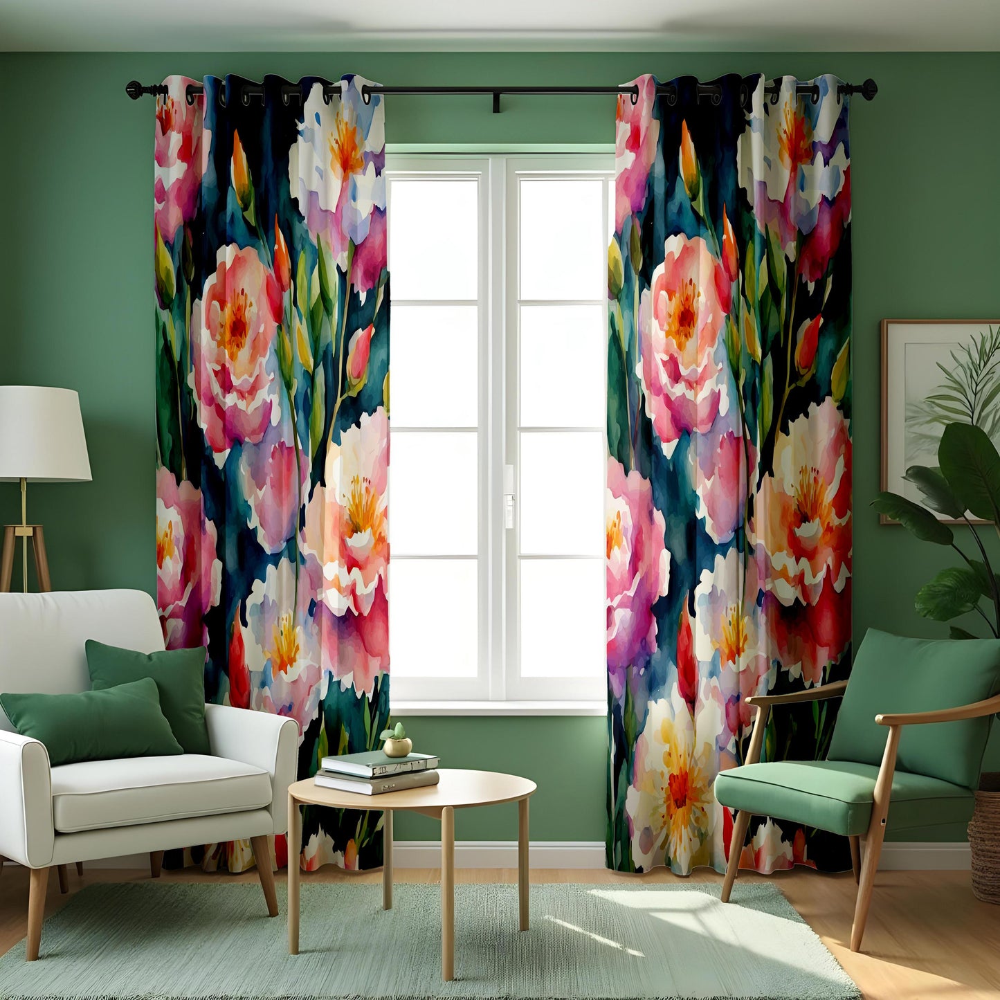 Floral Watercolor Curtain, Pink & White Peony Drape with Green Leaves