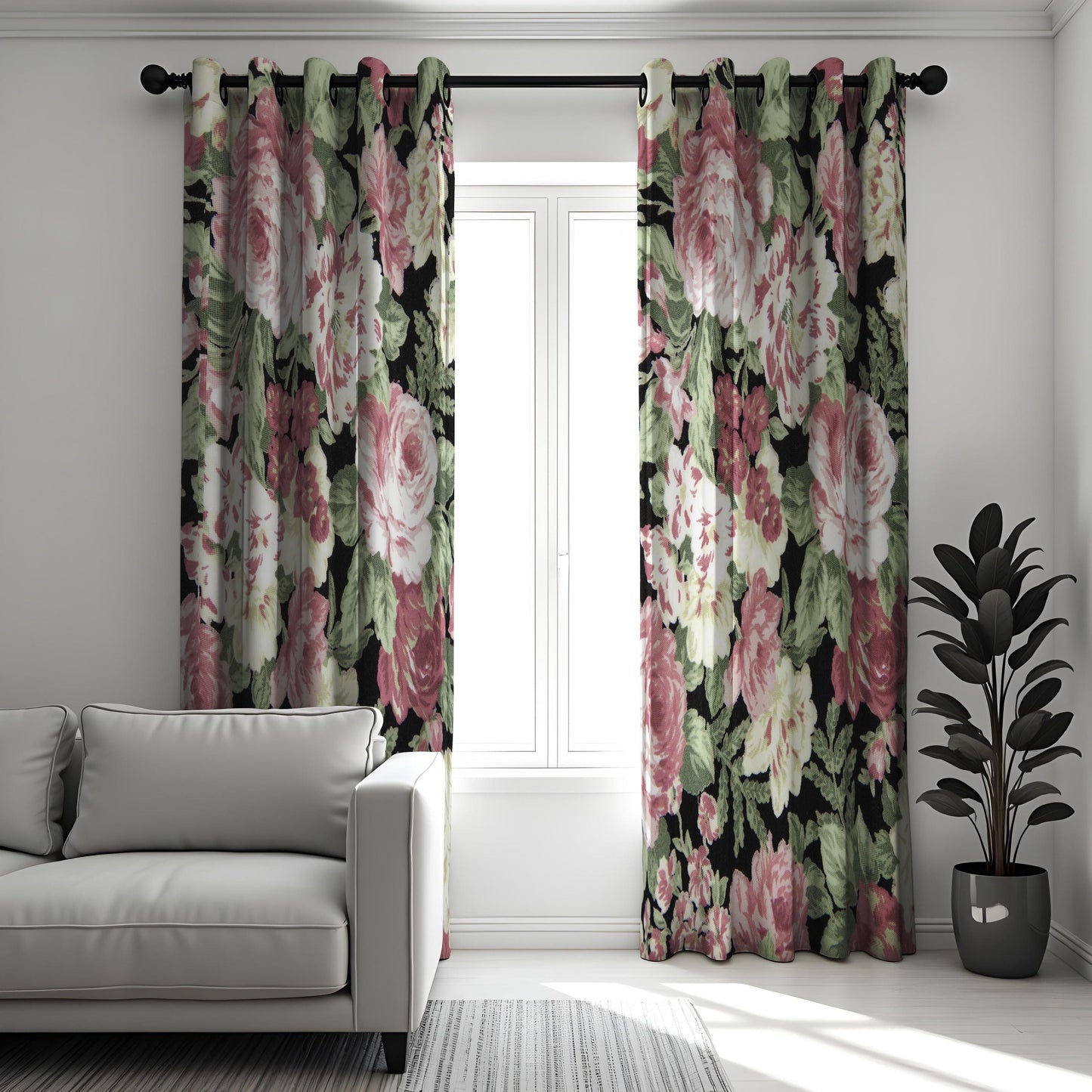 Classic Floral Curtain, Pink Roses & Green Leaves Drape