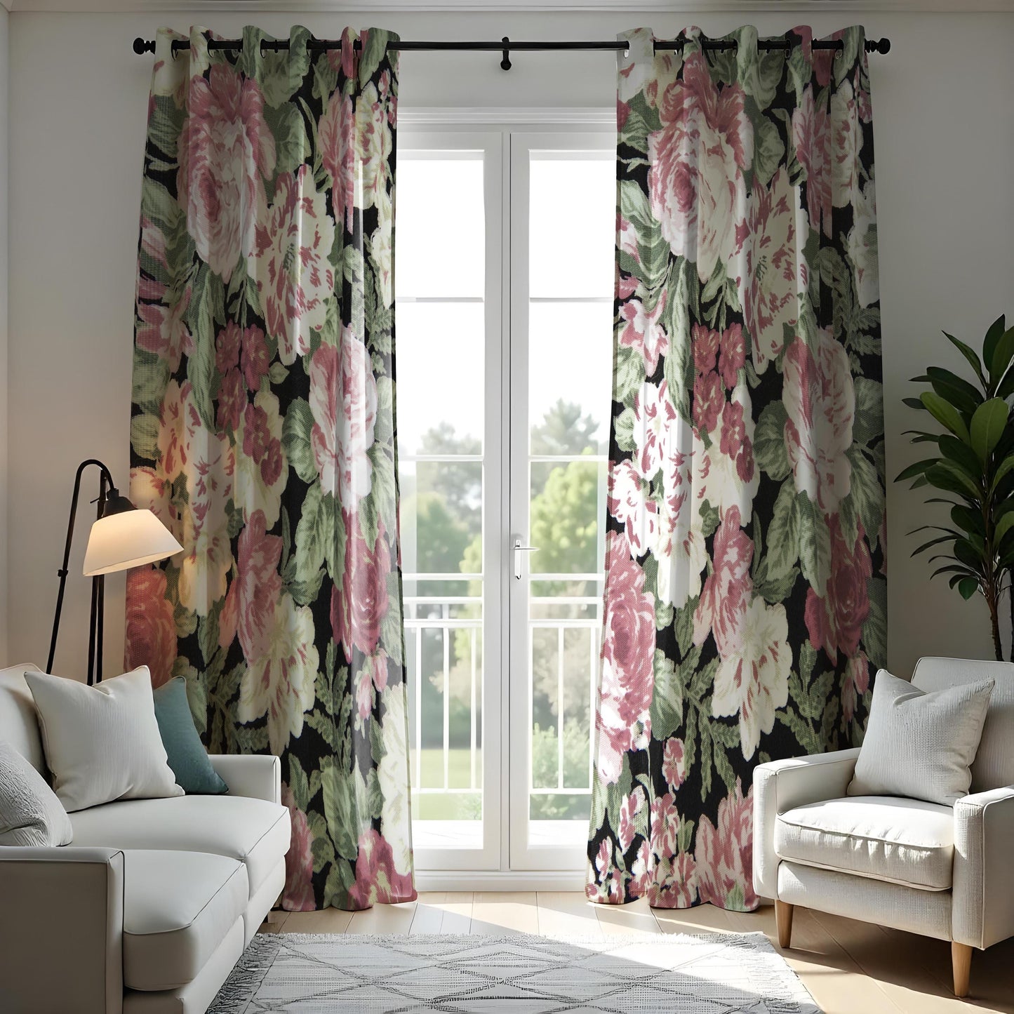 Classic Floral Curtain, Pink Roses & Green Leaves Drape