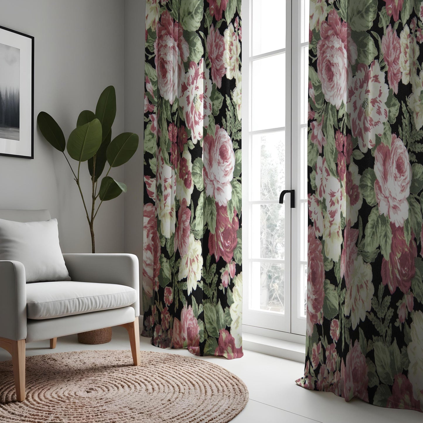 Classic Floral Curtain, Pink Roses & Green Leaves Drape