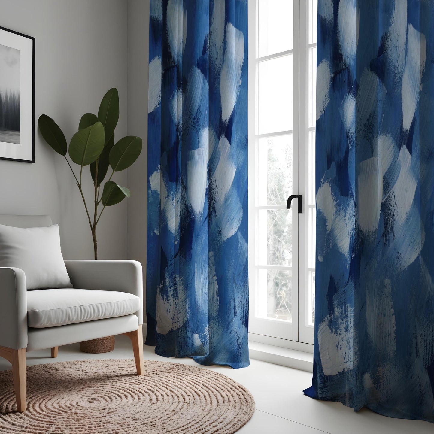 Abstract Blue Brushstroke Curtains, Modern Art Paint Window Panel