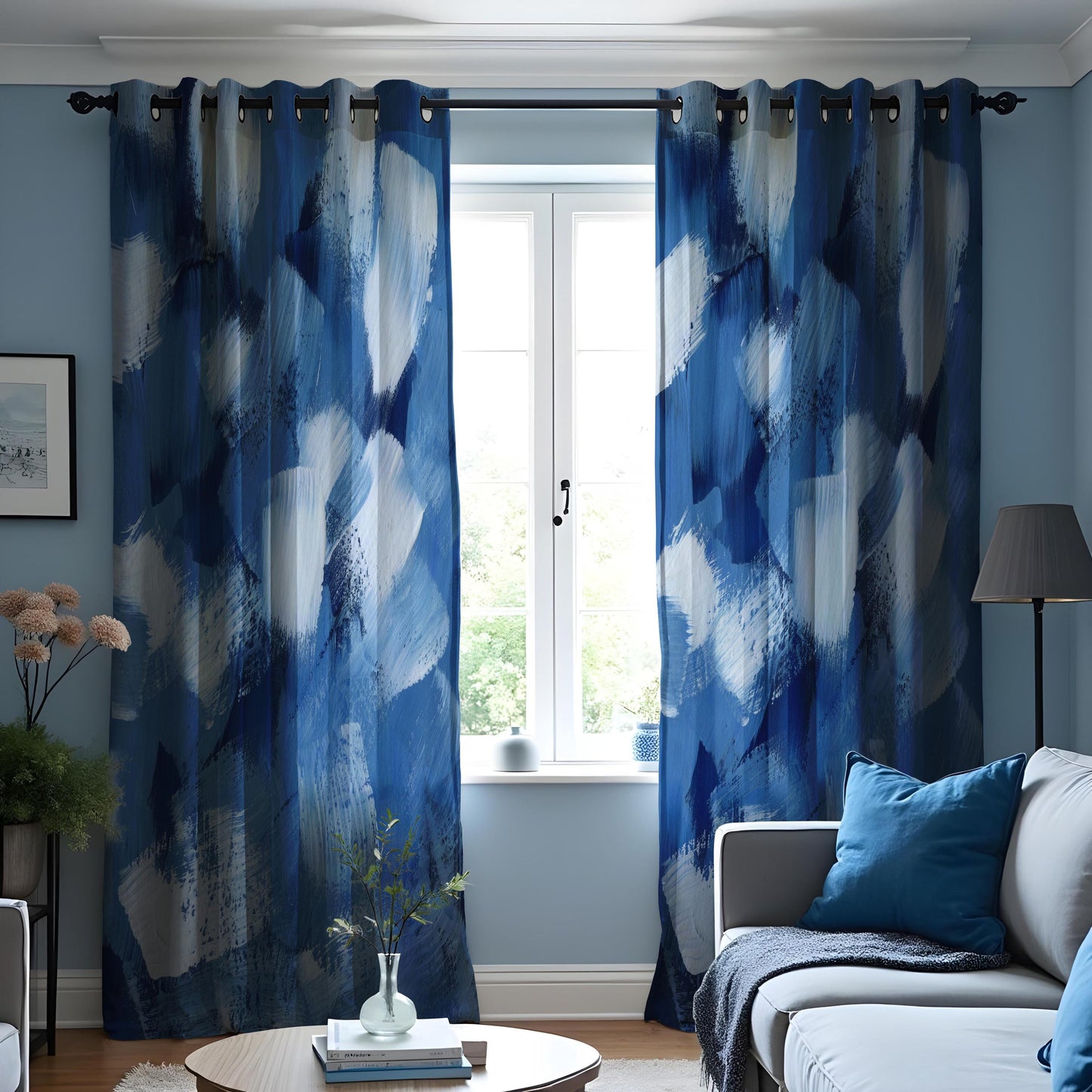 Abstract Blue Brushstroke Curtains, Modern Art Paint Window Panel
