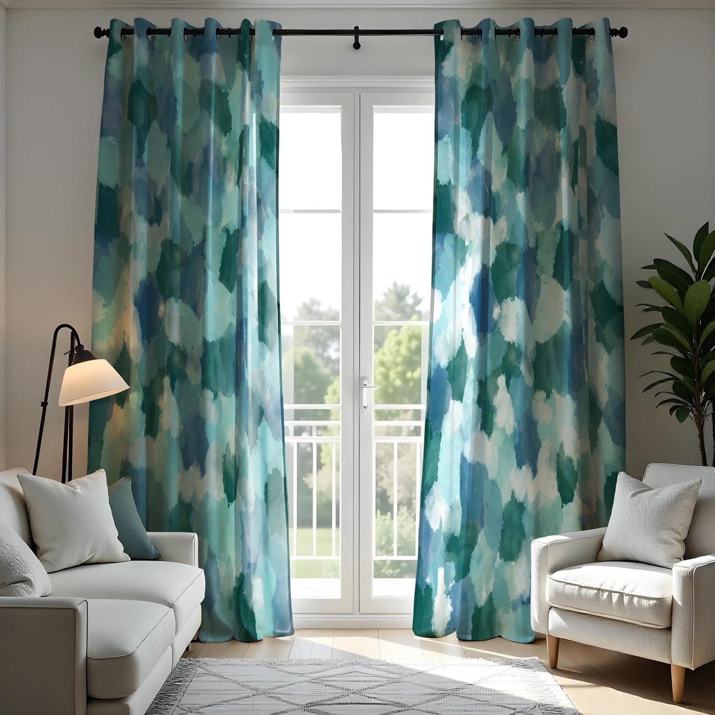 Watercolor Abstract Curtains, Blue & Green Pattern Drapes