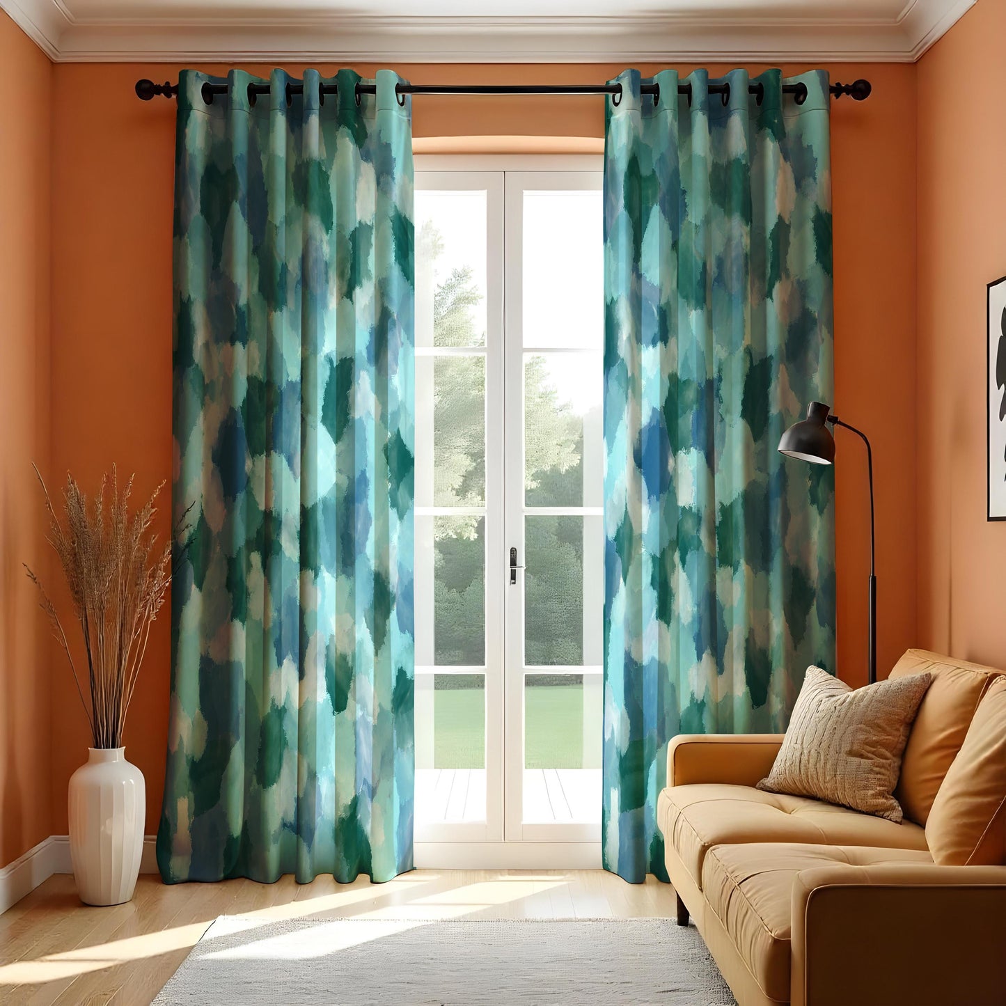 Watercolor Abstract Curtains, Blue & Green Pattern Drapes
