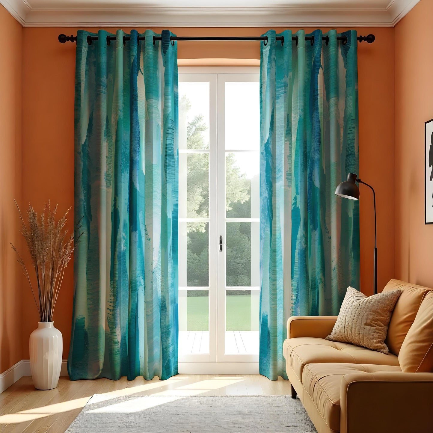 Modern Blue & Green Abstract Watercolor Curtains