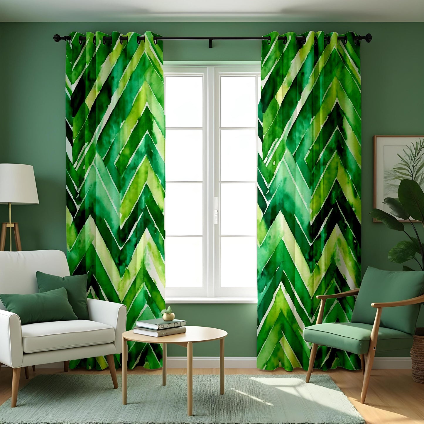 Green Chevron Watercolor Curtains, Bold Leaf Print Drapes